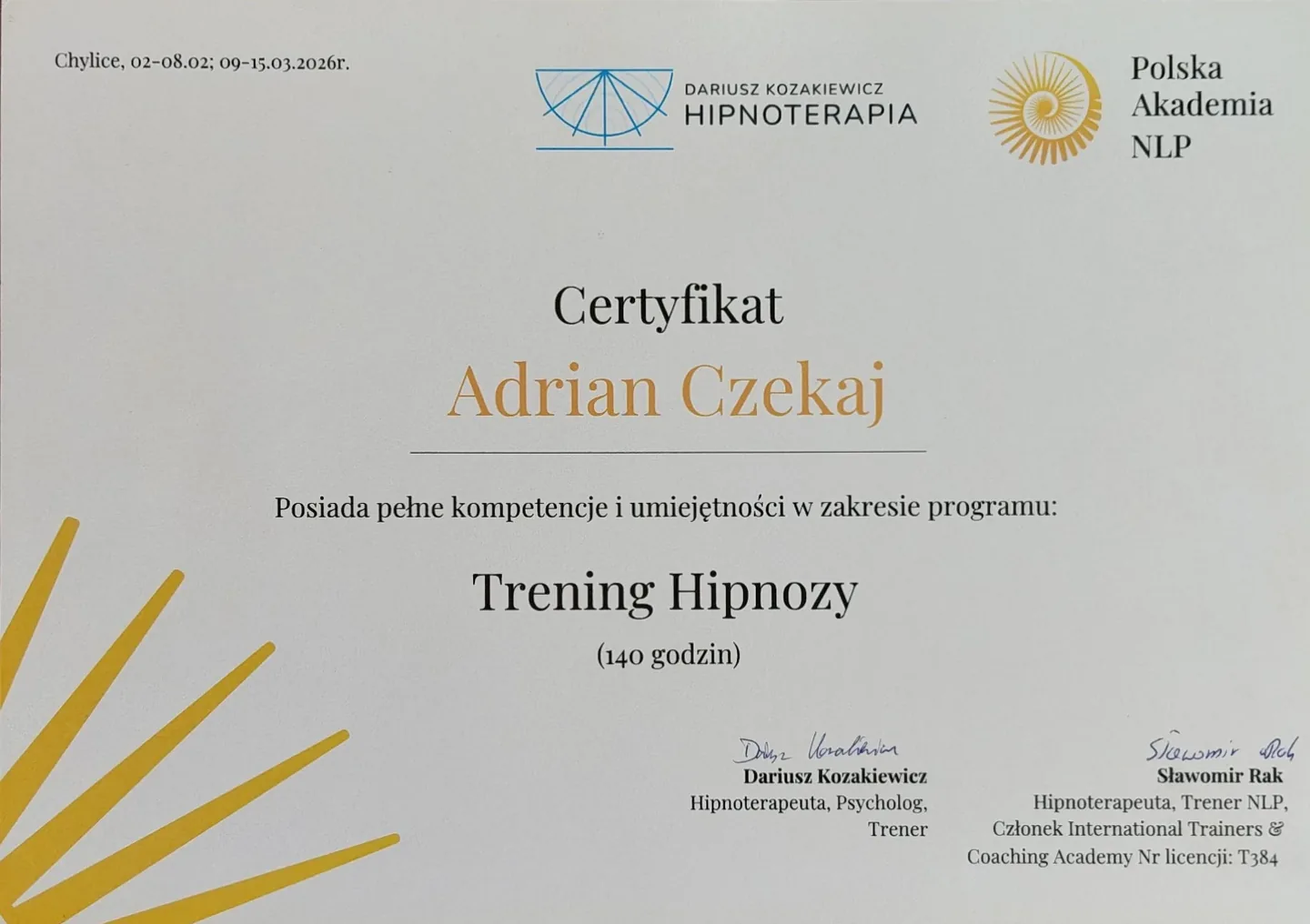 Certyfikat — Trening Hipnozy, 140 godzin